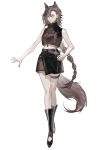  1girl absurdres animal_ear_fluff animal_ears arknights asymmetrical_bangs bare_arms bare_shoulders black_footwear black_nails black_shirt black_skirt boots braid breasts brown_eyes brown_hair commentary_request crop_top hair_between_eyes hand_on_own_hip highres knee_boots long_hair midriff mole_above_eye nail_polish navel penance_(arknights) shinsawalk shirt simple_background single_braid skirt sleeveless sleeveless_shirt small_breasts solo tail very_long_hair white_background 