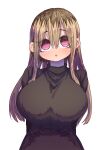  1girl :o @_@ black_hair black_shirt blonde_hair blush breasts brown_hair highres kinjo_no_hito_no_nakimushi large_breasts long_sleeves looking_at_viewer looking_down multicolored_hair ochiai_(kinjo_no_hito_no_nakimushi) shirt simple_background two-tone_hair upper_body white_background zyugoya 