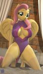  3d_(artwork) absurd_res anthro anthrofied antonsfms barely_visible_genitalia barely_visible_pussy big_breasts breasts cleavage_cutout clothed clothing digital_media_(artwork) equid equine feathers female fluttershy_(mlp) friendship_is_magic genitals hair hasbro hi_res kneeling mammal my_little_pony pegasus pink_hair pussy solo wings yellow_body yellow_feathers 