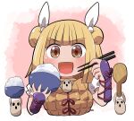  1girl armor armored_dress blonde_hair blush bowl chopsticks double_bun dress hair_bun hair_ribbon haniwa_(statue) holding holding_bowl holding_chopsticks joutouguu_mayumi open_mouth ribbon rice rice_bowl rokugou_daisuke short_hair short_sleeves signature smile solo touhou upper_body white_ribbon yellow_dress yellow_eyes 