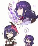  2girls 5rwpvc black_hair breasts closed_eyes dango eating electricity expressionless food genshin_impact highres holding holding_sword holding_weapon human_scabbard japanese_clothes kimono kujou_sara mask mask_on_head multiple_girls musou_isshin_(genshin_impact) purple_eyes purple_hair raiden_shogun shaded_face sparkle sword sword_between_breasts thought_bubble wagashi weapon yuri 