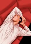  1boy arm_on_head brown_hair closed_eyes collared_shirt couch expressionless from_above haikyuu!! highres lying male_focus on_back on_couch pon_kan sawamura_daichi shirt short_hair solo white_shirt 