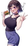  absurdres bare_arms bare_shoulders black_shirt breasts brown_hair burger choker collarbone colored_inner_hair cowboy_shot denim denim_shorts food from_side hair_ribbon highres jitome karaage_bou large_breasts light_blush looking_at_viewer medium_hair multicolored_hair naughty_face open_mouth original purple_eyes purple_hair ribbon shirt shirt_tucked_in shorts simple_background single_sidelock smile swept_bangs tank_top translation_request w white_background 