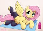  blush bottle container equid equine female fluttershy_(mlp) friendship_is_magic hasbro hi_res horse looking_at_viewer mammal my_little_pony pegasus pony presenting raised_leg smile smiling_at_viewer solo solo_focus spread_legs spread_wings spreading teats water_bottle whiskeypanda wings yoga yoga_mat 