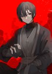  1boy arm_wrap black_eyes black_hair black_pants black_sweater black_tunic closed_mouth expressionless highres holding_rock limbus_company long_sleeves male_focus pants project_moon puffy_long_sleeves puffy_sleeves red_background simple_background sitting solo sweater to_ame_ha_yaiba yi-sang_(limbus_company) 