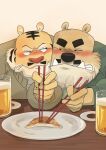  2023 alcohol anthro bear beer beverage biped black_nose brown_body brown_fur clothed clothing drunk duo felid food fur hi_res humanoid_hands kemono male mammal panda_po pantherine substance_intoxication tiger 