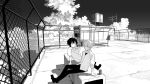  1boy 1girl can cloud collared_shirt food greyscale highres kushiro_yuu looking_afar looking_at_another monochrome original pants parted_lips popsicle rooftop shadow shirt short_hair sitting sky sleeves_rolled_up sweater_vest 