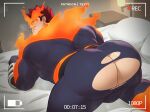  1boy absurdres ass ass_focus bara bed black_bodysuit bodysuit boku_no_hero_academia breath bulge commentary endeavor_(boku_no_hero_academia) english_commentary fire highres huge_ass looking_back male_focus mature_male muscular muscular_male nude on_bed paid_reward_available patreon_username presenting recording red_hair short_hair solo spiked_hair sweat tevit_(tevit15) thick_thighs thighs torn_bodysuit torn_clothes 