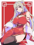  1girl absurdres artist_name breasts brown_thighhighs character_request china_dress chinese_clothes cleavage cleavage_cutout closed_mouth clothing_cutout copyright_request dated double_bun dress hair_bun hair_ornament hair_ribbon highres kichihachi large_breasts long_hair looking_at_viewer red_background red_dress red_eyes red_ribbon ribbon sitting smile solo thighhighs thighs virtual_youtuber 