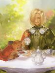  2boys blonde_hair cape character_request closed_eyes closed_mouth cup gensou_suikoden gensou_suikoden_ii hair_over_one_eye holding holding_cup mukumuku multiple_boys outdoors sitting smile table tea zhuzi 