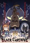  3girls anger_vein animal_ear_headphones animal_ears azusa_(blue_archive) bag blue_archive death_momoi_(meme) fake_animal_ears gas_mask halloween halo hat headphones hifumi_(blue_archive) highres hm_(hmongt) holding holding_knife hood knife looking_at_viewer mask meme momoi_(blue_archive) multiple_girls paper_bag peroro_(blue_archive) translation_request witch_hat 