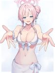  1girl :d bikini blue_archive blue_eyes breasts cleavage commentary_request hair_bun halo hetaren_(ramark) highres large_breasts looking_at_viewer mimori_(blue_archive) mimori_(swimsuit)_(blue_archive) navel open_mouth pink_hair pink_halo scrunchie single_hair_bun smile solo swimsuit white_bikini white_scrunchie wrist_scrunchie 