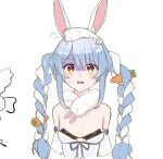  1girl 1no_se_hi_na animal_ear_fluff animal_ears animal_on_head bare_shoulders blue_hair braid breasts carrot_hair_ornament cleavage clothing_cutout creature cropped_torso detached_sleeves don-chan_(usada_pekora) dress extra_ears fish fish_on_head food-themed_hair_ornament fur_scarf hair_ornament highres hololive long_hair looking_at_viewer multicolored_hair on_head open_mouth rabbit rabbit-shaped_pupils rabbit_ears rabbit_girl red_eyes sacabambaspis scarf short_eyebrows sidelocks simple_background small_breasts solo straight-on strapless strapless_dress sweat swept_bangs symbol-shaped_pupils thick_eyebrows twin_braids twintails two-tone_hair underboob_cutout usada_pekora usada_pekora_(1st_costume) virtual_youtuber white_background white_dress white_hair white_scarf white_sleeves 