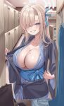  1girl asuna_(blue_archive) bath_yukata blonde_hair blue_archive blue_eyes blush breasts cleavage collarbone fingernails grin hair_over_one_eye halo highres indoors japanese_clothes kimono large_breasts locker locker_room looking_at_viewer mole mole_on_breast nail_polish o-los smile solo undressing yukata 