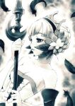 1girl bare_shoulders breasts cleavage commentary_request crown detached_sleeves dress expressionless feathers greyscale gwendolyn_(odin_sphere) holding holding_polearm holding_weapon looking_to_the_side monochrome odin_sphere okara parted_lips polearm short_hair small_breasts solo strapless strapless_dress weapon 