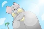  anthro beady_eyes big_breasts big_ears black_eyes breasts chunkiroll_(artist) clothing cloud elephant elephantid eyelashes female grey_body hand_on_hip hi_res huge_breasts lens_flare looking_at_viewer loona_(chunkiroll) low-angle_view mammal navel open_mouth overweight overweight_female palm_tree plant proboscidean proboscis_(anatomy) sky solo swimwear thick_thighs tree trunk_(anatomy) wide_hips worm&#039;s-eye_view yellow_clothing yellow_swimwear 