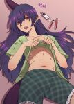  1girl clothes_lift green_shirt green_shorts horns long_hair navel pointy_ears purple_hair red_eyes sharp_teeth shirt shirt_lift shorts single_horn stomach syringe tail teeth tenkajin_chiyari test_tube touhou urin 