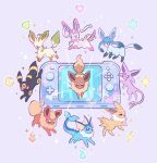  +_+ :3 artist_name blush brown_eyes closed_mouth commentary eevee emphasis_lines espeon flareon glaceon handheld_game_console heart jolteon leafeon leaphere no_humans pokemon pokemon_(creature) smile sparkle sylveon umbreon vaporeon 