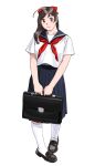  1girl absurdres ahoge alternate_costume bag black_bag black_footwear closed_mouth full_body handbag highres kantai_collection loafers long_hair long_skirt looking_at_viewer mamiya_(kancolle) neckerchief ojipon pleated_skirt red_eyes red_neckerchief school_uniform serafuku shoes short_sleeves simple_background skirt smile socks solo white_background white_socks 