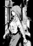  1girl alley blood blood_on_clothes braid braided_ponytail chainsaw_man collared_shirt dated greyscale highres holding_head looking_at_viewer makima_(chainsaw_man) matsumotoasumu medium_hair monochrome necktie ringed_eyes severed_head shirt shirt_tucked_in sideways_glance solo 