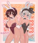  1girl 2girls animal_ears arm_around_waist artist_name azumanga_daioh bare_shoulders bea_(pokemon) black_bow black_bowtie black_hairband black_leotard black_ribbon blue_background blue_eyes blush bob_cut bow bowtie breasts bright_pupils brown_eyes brown_hair brown_leotard cleavage closed_mouth collarbone commission cowboy_shot dark-skinned_female dark_skin detached_collar detached_sleeves english_text expressionless eyelashes fake_animal_ears fake_tail fishnet_pantyhose fishnets gradient_background grey_hair grin groin hair_between_eyes hair_ribbon hairband halftone halftone_background halftone_texture hand_on_another&#039;s_back hand_on_own_hip heart heart_background highleg highleg_leotard highres kagura_(azumanga_daioh) large_breasts leotard looking_at_viewer medium_breasts multiple_girls orange_background pantyhose parted_lips pink_background playboy_bunny plunging_neckline pokemon pokemon_(game) pokemon_swsh rabbit_ears rabbit_tail red_bow red_bowtie ribbon short_hair signature smile standing strapless strapless_leotard tail tan thick_eyebrows thighs twitter_username v v_over_mouth white_hairband white_pupils wrist_cuffs y.o_(chuchu) 