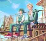  2boys aircraft airplane alternate_universe arm_on_knee arm_rest artist_name bakugou_katsuki balcony belt between_legs blonde_hair blue_belt blue_sky blue_stripes blurry blurry_background blurry_foreground boku_no_hero_academia buttons cable closed_mouth cloud collared_shirt contrail crane_(machine) cross-laced_footwear dated_commentary dress_shirt eyes_visible_through_hair film_grain fingernails floating_necktie foot_dangle freckles frown full_body goggles goggles_on_head green_eyes green_hair green_jacket green_pants green_vest hair_between_eyes hand_between_legs jacket knee_up lapels light long_sleeves looking_ahead looking_up male_focus midoriya_izuku milmil_(wa_ten&#039;nendesu) multicolored_footwear multiple_boys necktie notched_lapels object_request official_alternate_costume open_clothes open_collar open_jacket outdoors pants railing red_eyes red_footwear rust sanpaku shadow shirt shoe_soles shoes short_hair side-by-side sideways_mouth sign sitting sky sleeves_past_elbows sleeves_rolled_up smile sneakers spiked_hair split_mouth striped_necktie sunlight thigh_pouch thigh_strap v_arms vest warning_sign white_shirt wing_collar 