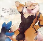  2023 abs after_exercise animal_genitalia animal_penis anthro anthro_on_anthro anthrofied arcanine balls big_balls big_muscles blush bodily_fluids canine_genitalia canine_penis claws communal_shower dialogue duo english_text eyebrows fully_sheathed fur generation_1_pokemon generation_4_pokemon genital_fluids genitals hand_behind_head hand_on_hip hi_res imminent_sex inside lucario male male/male mane muscular muscular_anthro muscular_male musk nintendo nude pecs penis penis_tip pokemon pokemon_(species) precum ravieel saggy_balls sheath shower standing sweat teeth text tuft wet wet_body wet_fur 