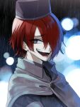  1boy absurdres akaishi_yashi black_headwear black_jacket cape collared_shirt evil_smile grey_eyes hair_over_one_eye highres jacket looking_at_viewer male_focus master_detective_archives:_rain_code open_mouth red_hair shirt short_hair signature smile solo symbol_in_eye upper_body white_cape white_shirt yomi_hellsmile 
