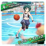  3girls alternate_costume antennae ball basketball basketball_(object) black_footwear black_shirt black_skirt character_name closed_mouth commentary copyright_name english_commentary english_text full_body game_cg green_eyes green_hair gym_uniform holding holding_ball kisume komeiji_koishi komeiji_satori looking_at_viewer multiple_girls navel rotte_(1109) rumia shirt shoes skirt smile sneakers solo_focus stadium third-party_source touhou touhou_lost_word wriggle_nightbug wriggle_nightbug_(worm_moon_firefly) wristband 