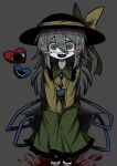  bags_under_eyes black_eyes black_headwear blood blood_splatter blood_stain blush blush_stickers buttons collared_shirt diamond_(shape) diamond_button empty_eyes frilled_shirt frilled_shirt_collar frilled_skirt frills green_eyes green_skirt grey_background grey_hair hair_between_eyes hat hat_ribbon heart heart_button highres koishi_komeiji&#039;s_heart-throbbing_adventure komeiji_koishi long_hair long_skirt long_sleeves pale_skin ribbon shaded_face sharp_teeth shirt simple_background sitting skirt smile socks teeth third_eye tongue touhou upper_teeth_only white_socks yellow_ribbon yellow_shirt zunusama 