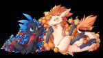  16:9 anthro blazemizu chimera corops_blackscale dragon duo food fruit gem hoard male orange_(fruit) plant rithvik ruby_(gem) sapphire_(gem) scalie tail widescreen wingless_dragon 