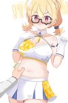  !? 1girl ? @_@ absurdres ahoge belly_grab black-framed_eyewear blonde_hair blue_archive blush braid breasts cleavage closed_mouth collarbone cowboy_shot crop_top ear_blush glasses gloves hair_between_eyes halo highres kotori_(blue_archive) kotori_(cheer_squad)_(blue_archive) large_breasts long_hair looking_at_viewer midriff millennium_cheerleader_outfit_(blue_archive) miniskirt muffin_top navel out_of_frame pinching pleated_skirt plump red_eyes semi-rimless_eyewear signature simple_background skirt solo_focus sweat tamaki_(tamaki-sh) teardrop-framed_glasses triangle_halo twintails v-shaped_eyebrows white_background white_gloves white_skirt yellow_halo 