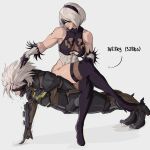  1boy 1girl 2b_(nier:automata) alternate_muscle_size black_blindfold blindfold boots breasts clothing_cutout commentary covered_abs covered_eyes crossed_legs crossover cyborg deltoids english_commentary exercise finger_push-ups girl_on_top grey_hair high_heels highres large_breasts leotard metal_gear_(series) metal_gear_rising:_revengeance mole mole_under_mouth muscular muscular_female nier:automata nier_(series) push-ups raiden_(metal_gear) short_hair sitting sitting_on_person stiletto_heels strong thick_thighs thigh_boots thighhighs thighhighs_under_boots thighs thong_leotard trait_connection underboob_cutout weight yoracrab 