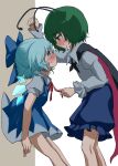  2girls against_wall antennae black_cape blue_bow blue_dress blue_eyes blue_hair blue_shorts blush bow cape cirno collared_shirt commentary_request dress eye_contact feet_out_of_frame frilled_shorts frills green_eyes green_hair hair_bow highres juliet_sleeves kabedon leaning long_sleeves looking_at_another mikan_(manmarumikan) multiple_girls neck_ribbon puffy_sleeves red_ribbon ribbon shirt short_dress short_hair short_sleeves shorts standing sweat touhou white_background white_shirt wings wriggle_nightbug yuri 