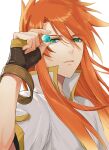  1boy black_gloves fingerless_gloves gloves gradient_hair green_eyes hair_between_eyes holding isa_(peien516) long_hair looking_at_viewer luke_fon_fabre male_focus multicolored_hair orange_hair red_hair simple_background solo spiked_hair tales_of_(series) tales_of_the_abyss upper_body white_background 