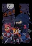  1boy 2girls absurdres amy_rose buck_teeth cosplay cream_the_rabbit fangs full_moon halloween halloween_costume hat highres historiaallen jack-o&#039;-lantern little_red_riding_hood_(grimm) little_red_riding_hood_(grimm)_(cosplay) moon multiple_girls night shoes sonic_(series) sonic_the_hedgehog sonic_the_werehog spiked_shoes spikes teeth tree upper_teeth_only witch witch_hat 