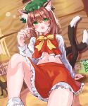  1girl :3 :d alternate_eye_color animal_ear_fluff animal_ears arm_support bare_legs bow bowtie cat_ears cat_tail chen commentary_request earrings eyes_visible_through_hair fang foot_out_of_frame frills green_eyes green_headwear hair_between_eyes hand_up hat highres jewelry knee_up long_sleeves looking_at_viewer medium_hair midriff mob_cap multiple_tails nail_polish navel nekomata open_mouth pet_food petticoat red_nails red_skirt red_vest single_earring sitting skirt skirt_set sleep_bubble smile solo tail touhou two_tails user_kkhg2783 vest yellow_bow yellow_bowtie 
