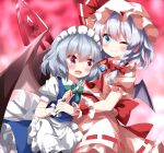  2girls apron ascot bat_wings blue_eyes braid cosplay costume_switch grey_hair hat highres izayoi_sakuya izayoi_sakuya_(cosplay) knife maid_apron maid_headdress mob_cap multiple_girls one_eye_closed red_ascot red_eyes remilia_scarlet remilia_scarlet_(cosplay) ruu_(tksymkw) short_hair side_braid spear_the_gungnir touhou wings 