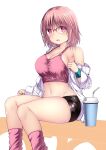  1girl absurdres blush bra breasts cleavage cup drinking_straw glasses highres jacket kuromayu large_breasts long_sleeves looking_at_viewer navel off_shoulder open_clothes open_jacket original parted_lips pink_bra pink_eyes pink_hair pink_socks short_hair short_shorts shorts simple_background sitting socks solo sports_bra sportswear sweat underwear white_jacket 