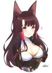  1girl akagi_(azur_lane) animal_ear_fluff animal_ears azur_lane black_gloves black_kimono blush breasts brown_hair cleavage cleavage_cutout clothing_cutout cropped_torso fox_ears fox_girl gloves hand_up heart highres japanese_clothes kimono large_breasts lips long_hair long_sleeves looking_at_viewer mocacoco339 open_mouth red_eyeliner red_eyes signature simple_background smile solo white_background 