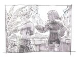  1boy 1girl bodysuit braid final_fantasy final_fantasy_xii greyscale medium_hair michibata_65 monochrome open_mouth penelo protected_link short_hair smile thighhighs twin_braids twintails vaan 