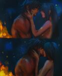 1boy 1girl beard biceps black_hair breasts campfire clive_rosfield completely_nude embers facial_hair final_fantasy final_fantasy_xvi fire from_side grey_hair highres jill_warrick kiss long_hair night nude spoilers upper_body ymr18 