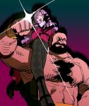  1boy 1girl carrying carrying_over_shoulder carrying_person chest_hair chest_tuft dress drill_hair flexing glint gloves gradient_background highres hyakumantenbara_salome large_pectorals long_hair looking_at_viewer mohawk muscular muscular_male nijisanji ojou-sama_pose pectorals popogano purple_eyes purple_hair raised_fist size_difference smile smug street_fighter strongman_waist thick_beard topless_male unfinished upper_body virtual_youtuber wrestler zangief 