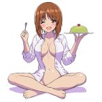  1girl blush bottomless breasts brown_eyes brown_hair cleavage food fork full_body girls_und_panzer holding holding_fork kotorigaka large_breasts looking_at_viewer navel nishizumi_miho no_bra no_panties one_eye_closed open_mouth pudding shirt short_hair sitting smile solo white_shirt 