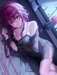  1girl alternate_costume bare_shoulders black_nightgown breasts commentary grin highres honkai:_star_rail honkai_(series) indoors kafka_(honkai:_star_rail) large_breasts long_hair looking_at_viewer lying nightgown on_bed on_side purple_eyes purple_hair purple_nails sicle smile solo thread 