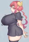  1girl arms_behind_back black_shirt black_thighhighs breasts dragon_girl dragon_horns grey_background highres horns huge_breasts ilulu_(maidragon) kelvin_hiu kobayashi-san_chi_no_maidragon long_hair pointy_ears profile red_eyes red_hair shirt short_sleeves simple_background solo standing t-shirt thighhighs yellow_horns zettai_ryouiki 