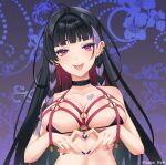  1girl absurdres ahoge areola_slip belt_choker black_bra black_hair blunt_bangs blush bra braid breasts chest_harness cleavage earrings floral_background harness heart heart_hands highres jewelry lana_no8 large_breasts linea_alba long_hair looking_at_viewer meloco_kyoran multicolored_hair multiple_earrings nijisanji nijisanji_en o-ring o-ring_harness open_mouth pink_eyes purple_hair purple_nails smile solo spider_web_tattoo streaked_hair twitter_username underwear very_long_hair virtual_youtuber 