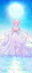  1girl bare_shoulders bishoujo_senshi_sailor_moon blonde_hair bracelet breasts cleavage closed_eyes collarbone curtsey double_bun dress facial_mark falling_petals forehead_mark full_body full_moon hair_bun hair_ornament highres jewelry long_dress long_hair medium_breasts moon off-shoulder_dress off_shoulder outdoors parted_bangs parted_lips petals princess_serenity punano see-through see-through_dress sidelocks smile solo twintails twitter_username very_long_hair white_dress 