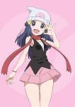  1girl :d bare_shoulders beanie black_hair black_shirt breasts commentary_request dawn_(pokemon) gensei00 grey_eyes hair_ornament hairclip hand_up hat highres long_hair looking_at_viewer pink_background pink_skirt pokemon pokemon_(game) pokemon_dppt red_scarf scarf shirt skirt sleeveless sleeveless_shirt small_breasts smile solo very_long_hair white_headwear 