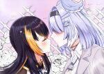  2girls absurdres black_hair black_headband blonde_hair blue_hair blue_wings closed_eyes collared_shirt elira_pendora elira_pendora_(4th_costume) grey_jacket hair_over_one_eye head_wings headband highres imminent_kiss jacket long_hair multiple_girls nijisanji nijisanji_en petra_gurin petra_gurin_(2nd_costume) riallian shirt virtual_youtuber white_shirt wings yuri 